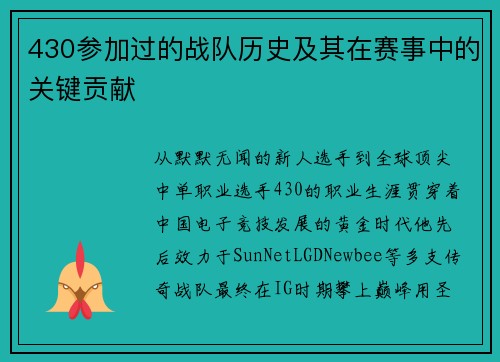430参加过的战队历史及其在赛事中的关键贡献