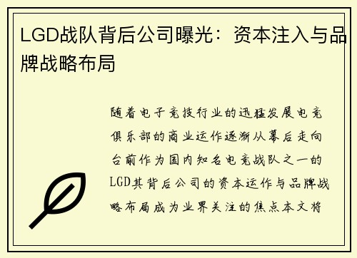 LGD战队背后公司曝光：资本注入与品牌战略布局
